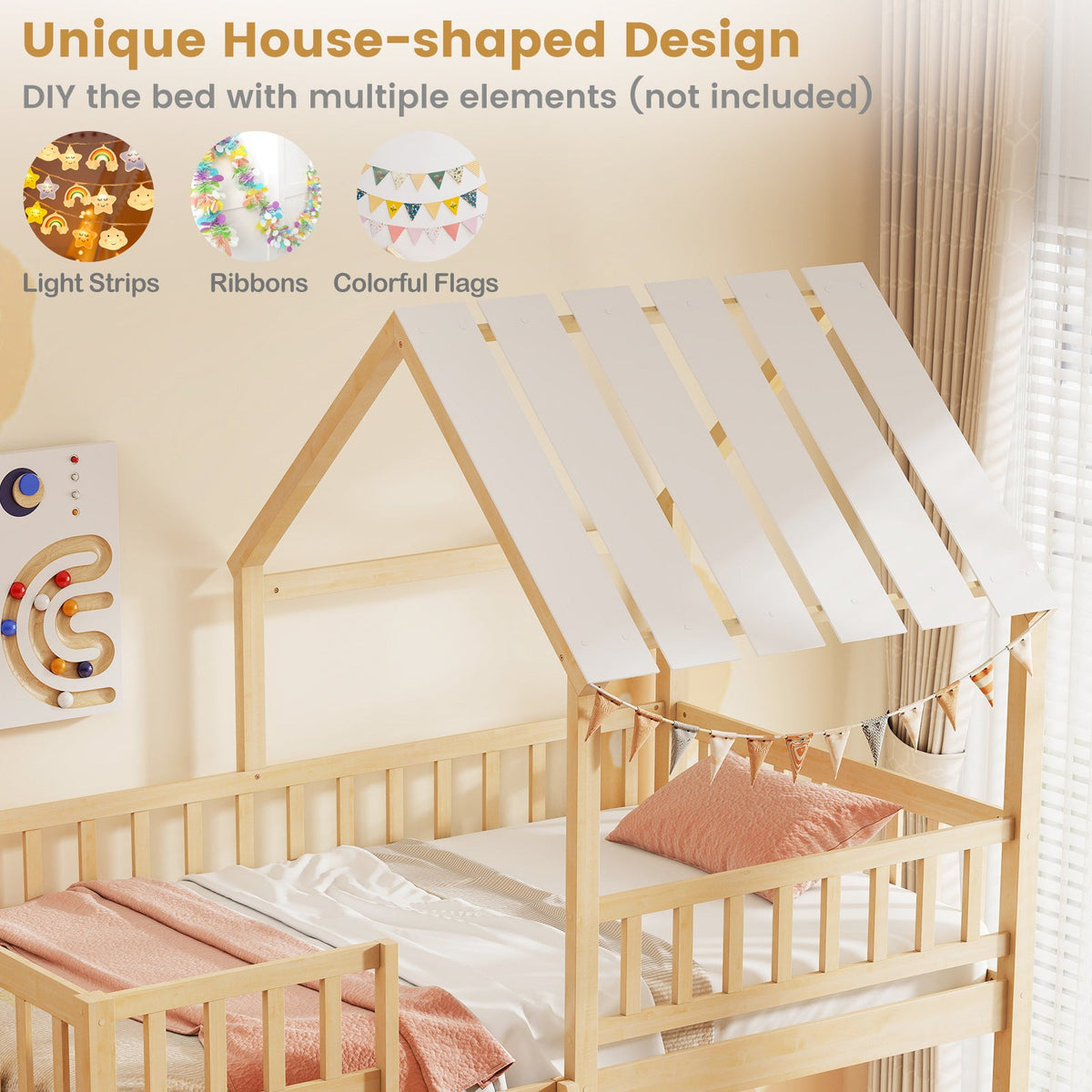 Twin Over Twin House Bunk Bed with Roof and Full-length Guardrails for Kids Teens Boys Girls-Bunk Bed Frame-DECOROLALA