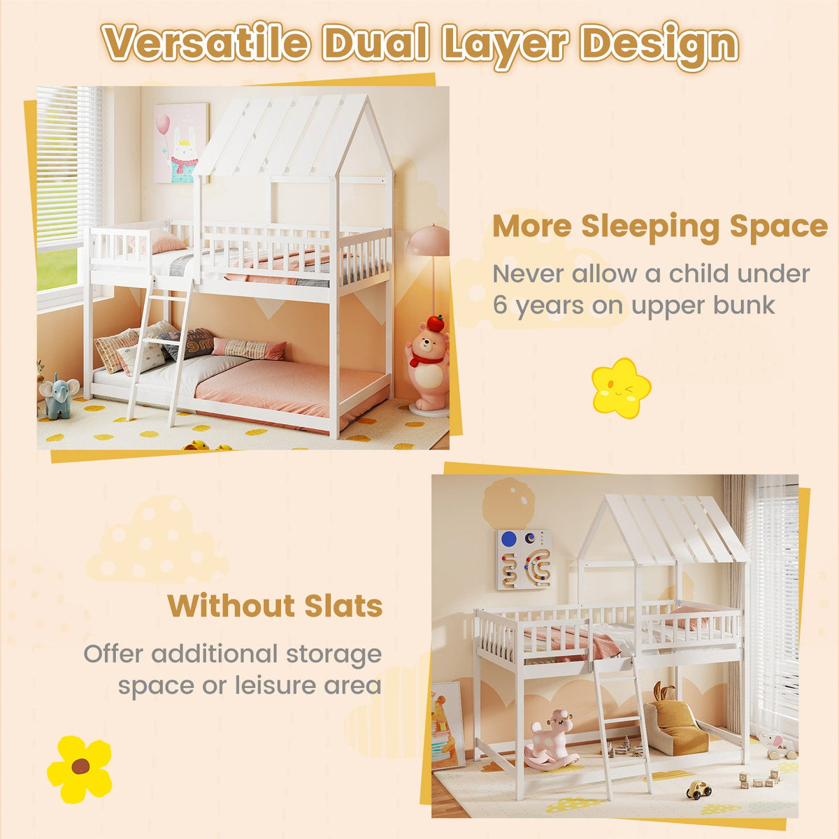 Twin Over Twin House Bunk Bed with Roof and Full-length Guardrails for Kids Teens Boys Girls-Bunk Bed Frame-DECOROLALA