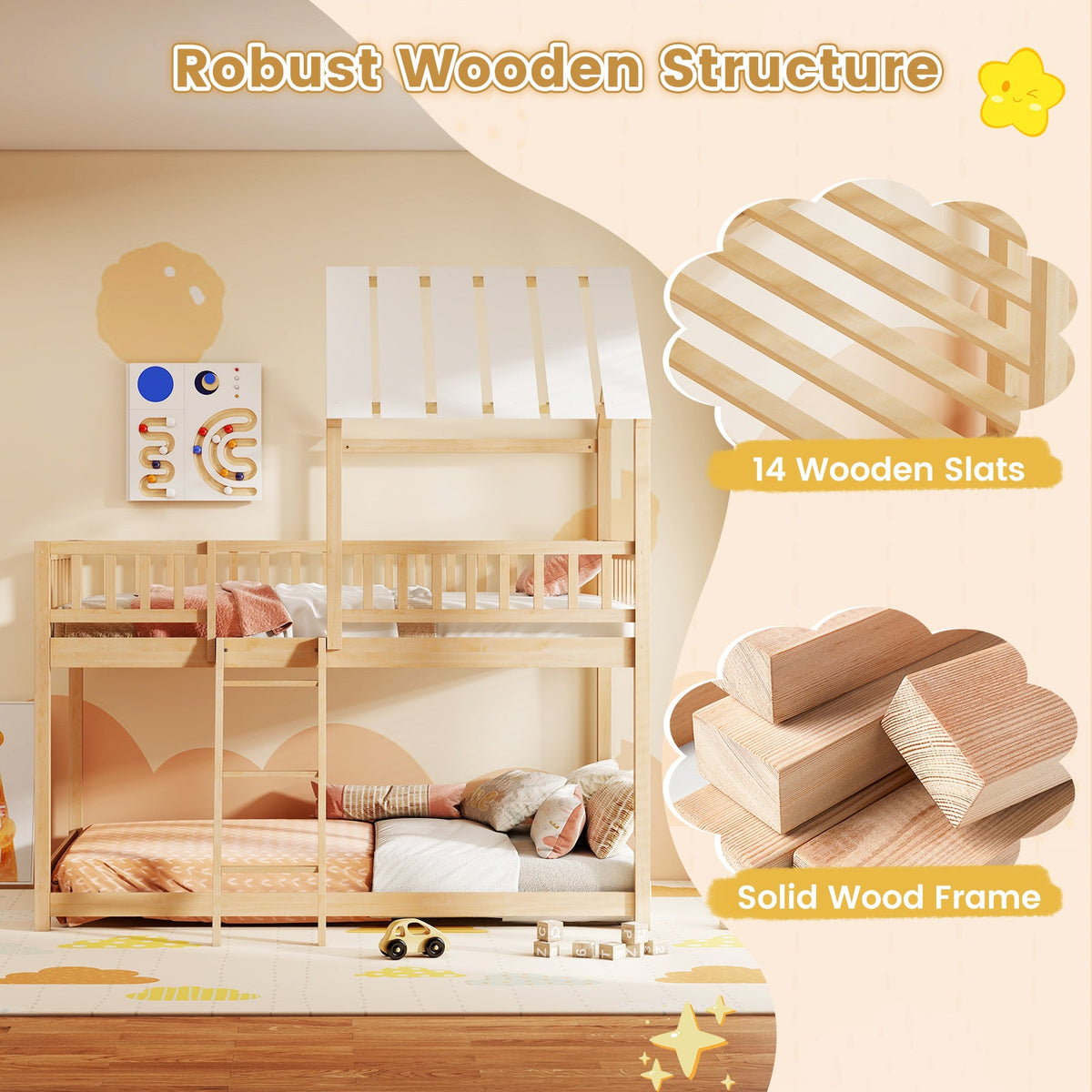 Twin Over Twin House Bunk Bed with Roof and Full-length Guardrails for Kids Teens Boys Girls-Bunk Bed Frame-DECOROLALA