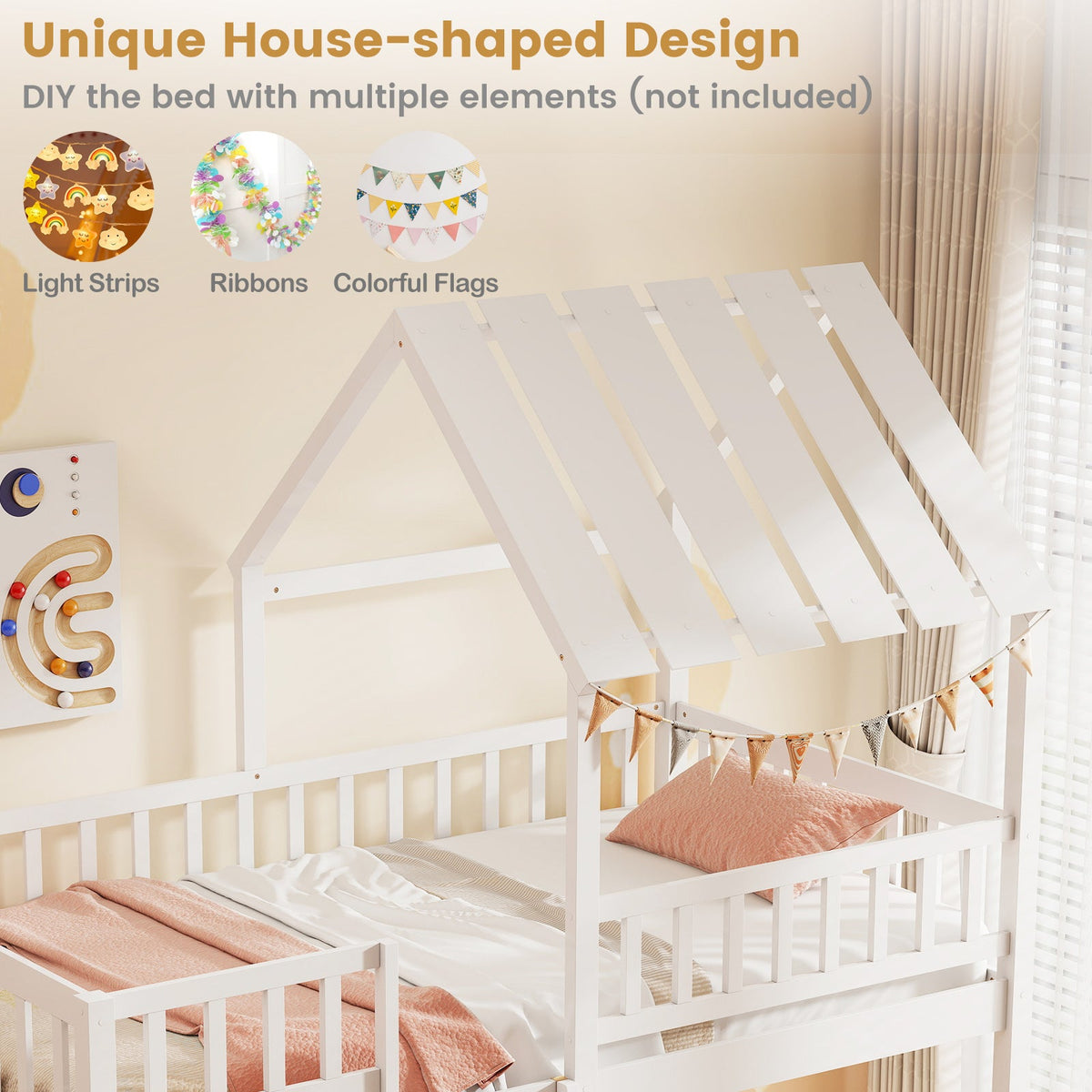 Twin Over Twin House Bunk Bed with Roof and Full-length Guardrails for Kids Teens Boys Girls-Bunk Bed Frame-DECOROLALA