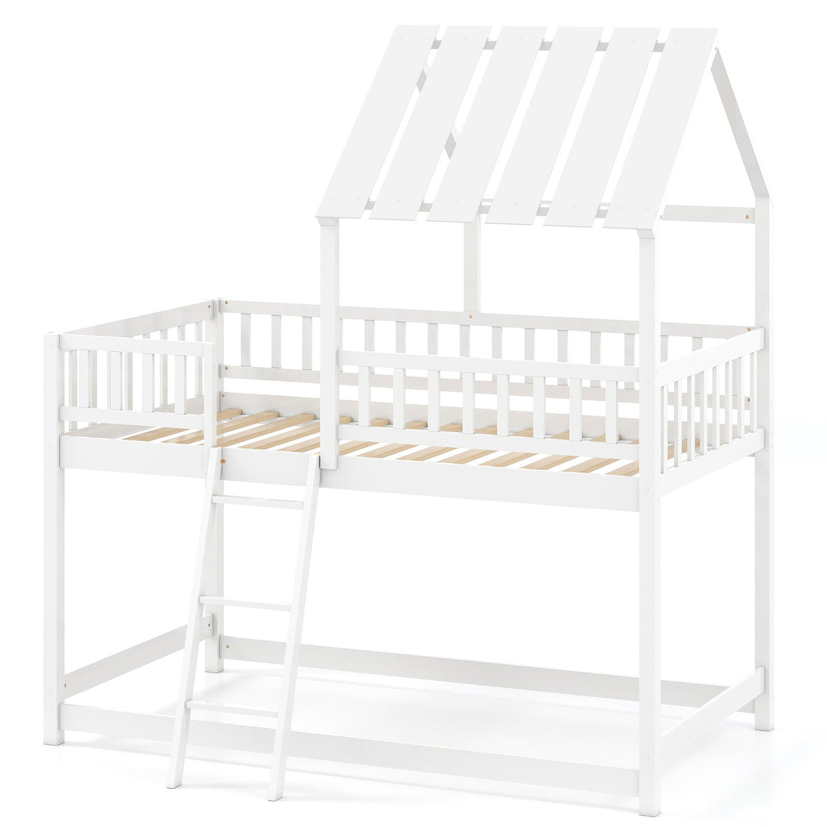 Twin Over Twin House Bunk Bed with Roof and Full-length Guardrails for Kids Teens Boys Girls-Bunk Bed Frame-DECOROLALA