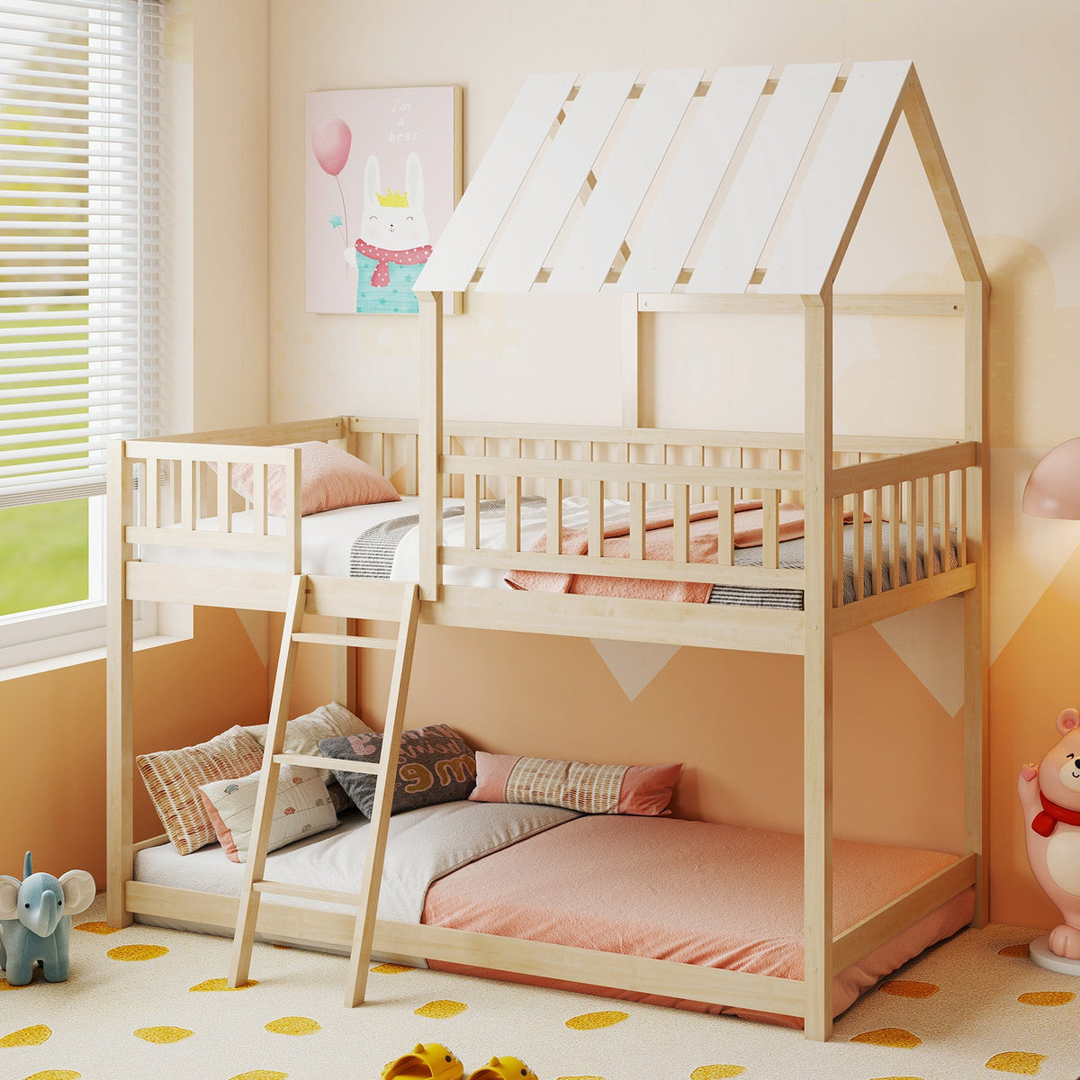 Twin Over Twin House Bunk Bed with Roof and Full-length Guardrails for Kids Teens Boys Girls-Bunk Bed Frame-DECOROLALA
