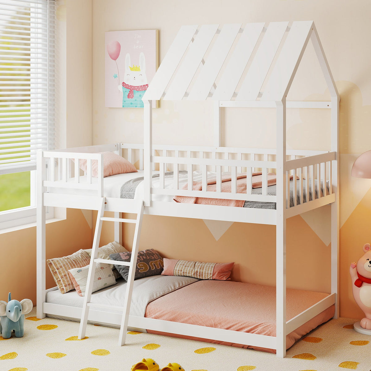 Twin Over Twin House Bunk Bed with Roof and Full-length Guardrails for Kids Teens Boys Girls-Bunk Bed Frame-DECOROLALA