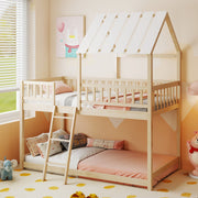 Twin Over Twin House Bunk Bed with Roof and Full-length Guardrails for Kids Teens Boys Girls-Bunk Bed Frame-DECOROLALA