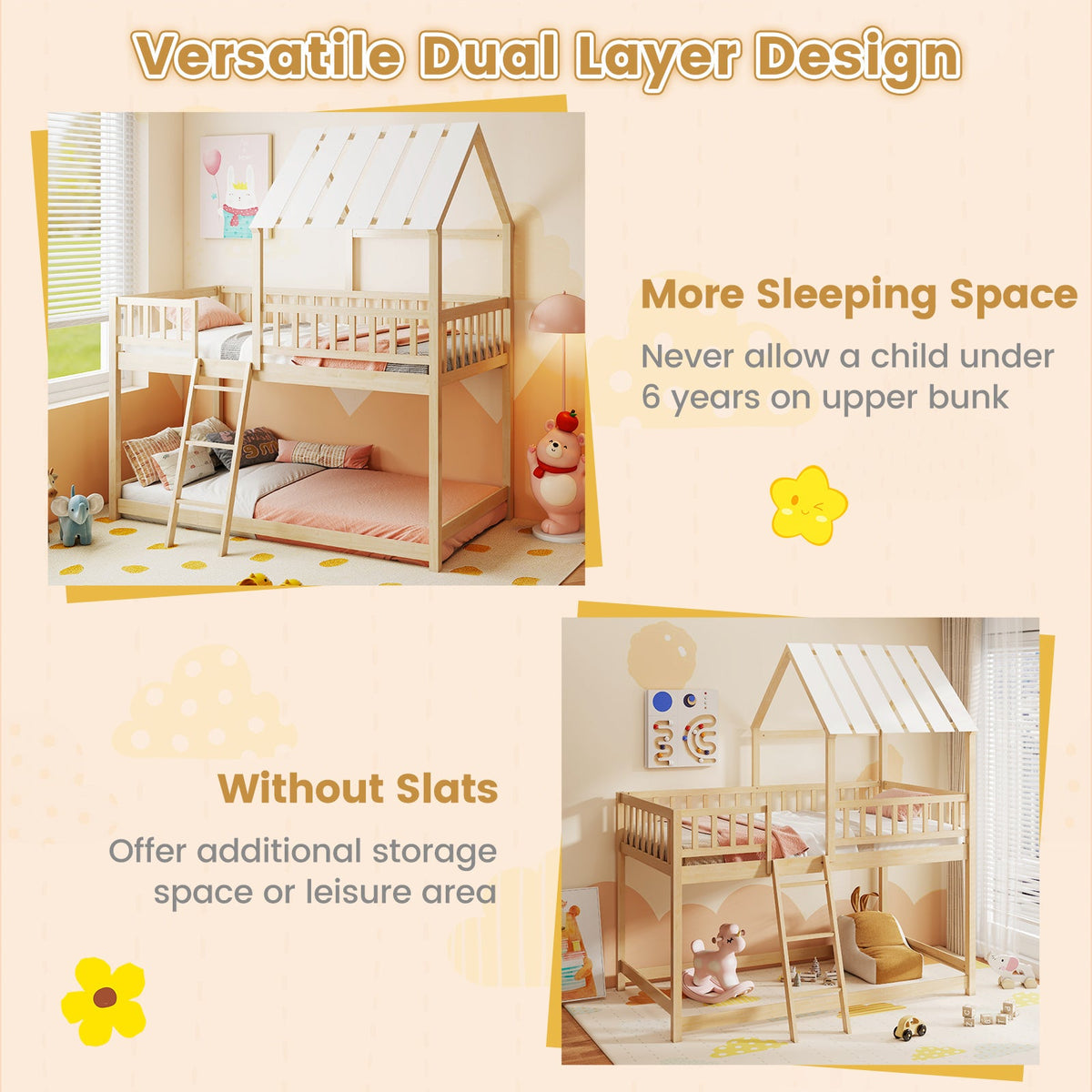 Twin Over Twin House Bunk Bed with Roof and Full-length Guardrails for Kids Teens Boys Girls-Bunk Bed Frame-DECOROLALA
