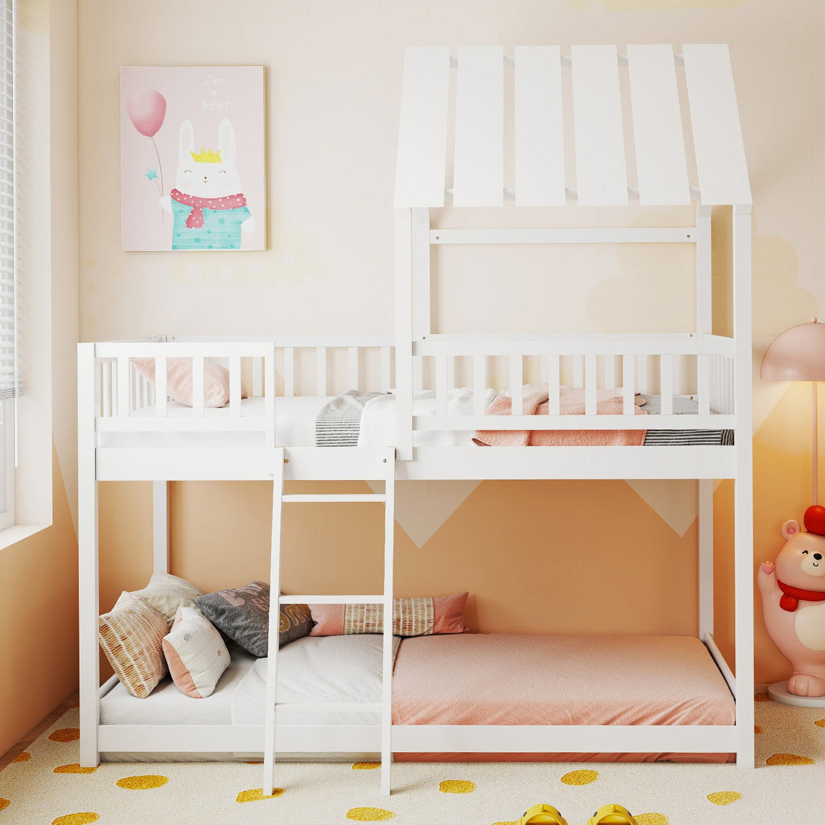 Twin Over Twin House Bunk Bed with Roof and Full-length Guardrails for Kids Teens Boys Girls-Bunk Bed Frame-DECOROLALA
