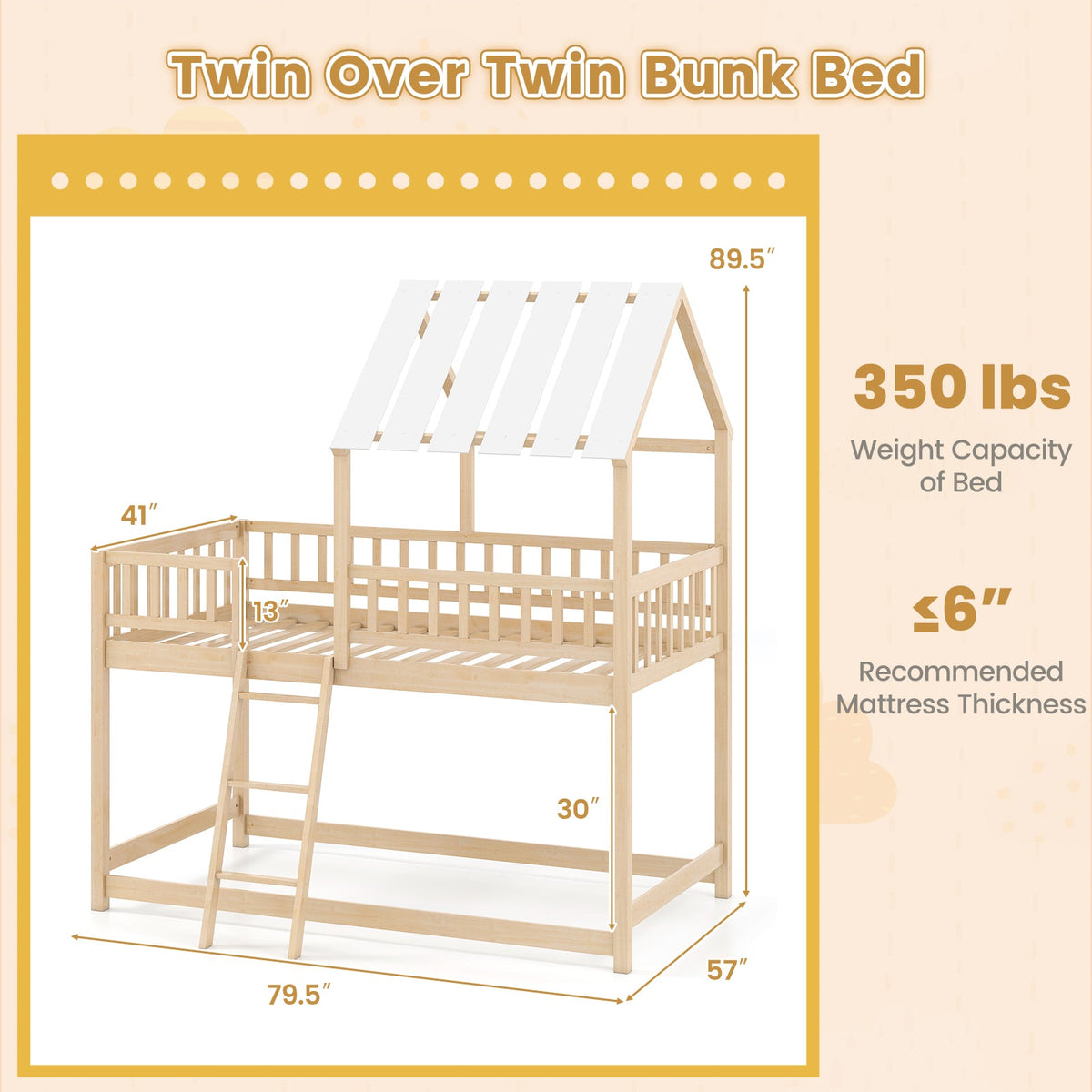 Twin Over Twin House Bunk Bed with Roof and Full-length Guardrails for Kids Teens Boys Girls-Bunk Bed Frame-DECOROLALA