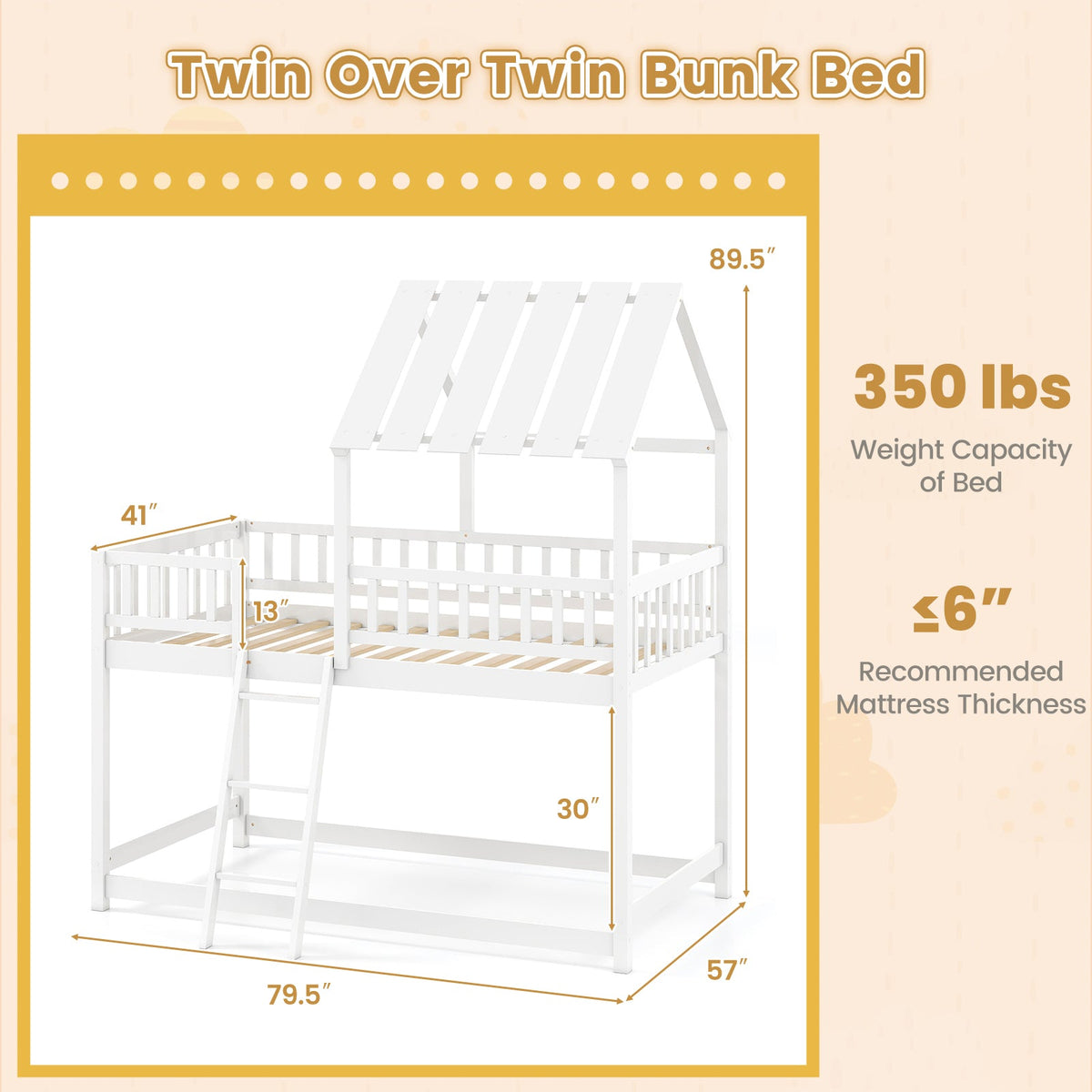 Twin Over Twin House Bunk Bed with Roof and Full-length Guardrails for Kids Teens Boys Girls-Bunk Bed Frame-DECOROLALA