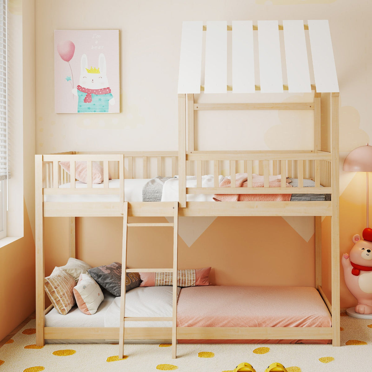 Twin Over Twin House Bunk Bed with Roof and Full-length Guardrails for Kids Teens Boys Girls-Bunk Bed Frame-DECOROLALA