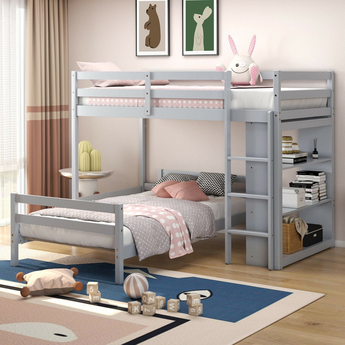 Twin Over Twin Loft Bunk Bed with 4-Tier Bookcase-Bunk Bed Frame-DECOROLALA