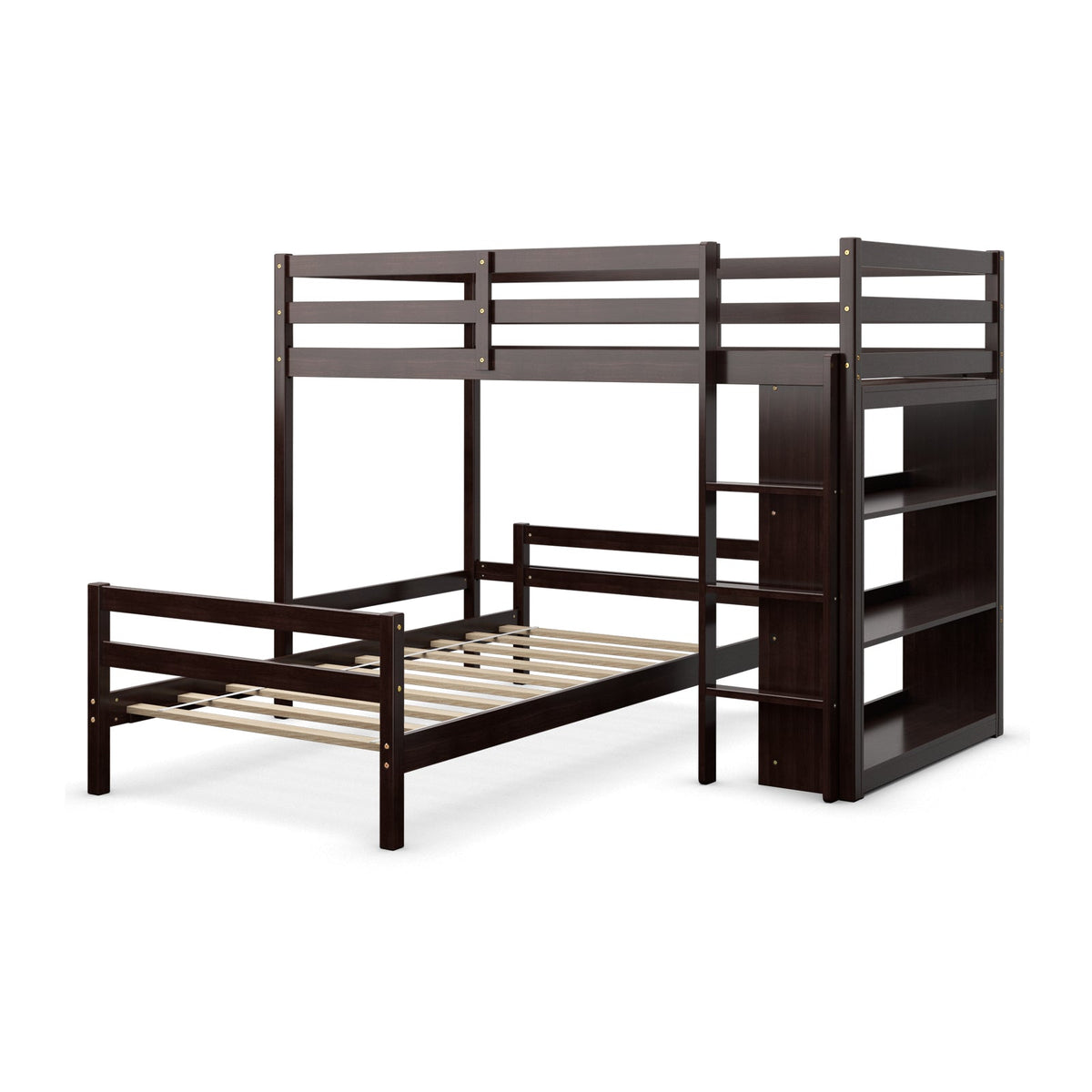 Twin Over Twin Loft Bunk Bed with Bookcase-Bunk Bed Frame-DECOROLALA