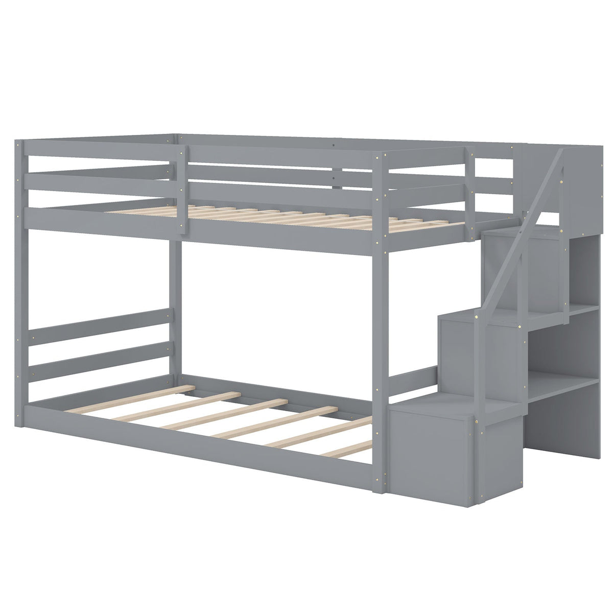 Twin Over Twin Low Bunk Bed with Storage Stairs Solid Wood Floor Bunk Bed Frame-Bunk Bed Frame-DECOROLALA