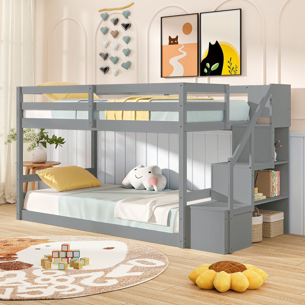 Twin Over Twin Low Bunk Bed with Storage Stairs Solid Wood Floor Bunk Bed Frame-Bunk Bed Frame-DECOROLALA