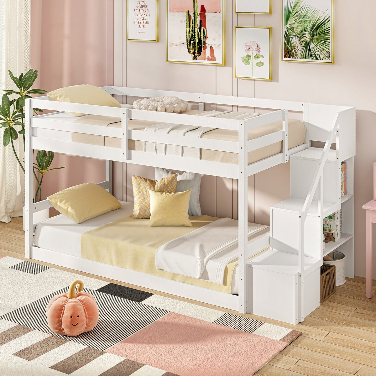 Twin Over Twin Low Bunk Bed with Storage Stairs Solid Wood Floor Bunk Bed Frame-Bunk Bed Frame-DECOROLALA