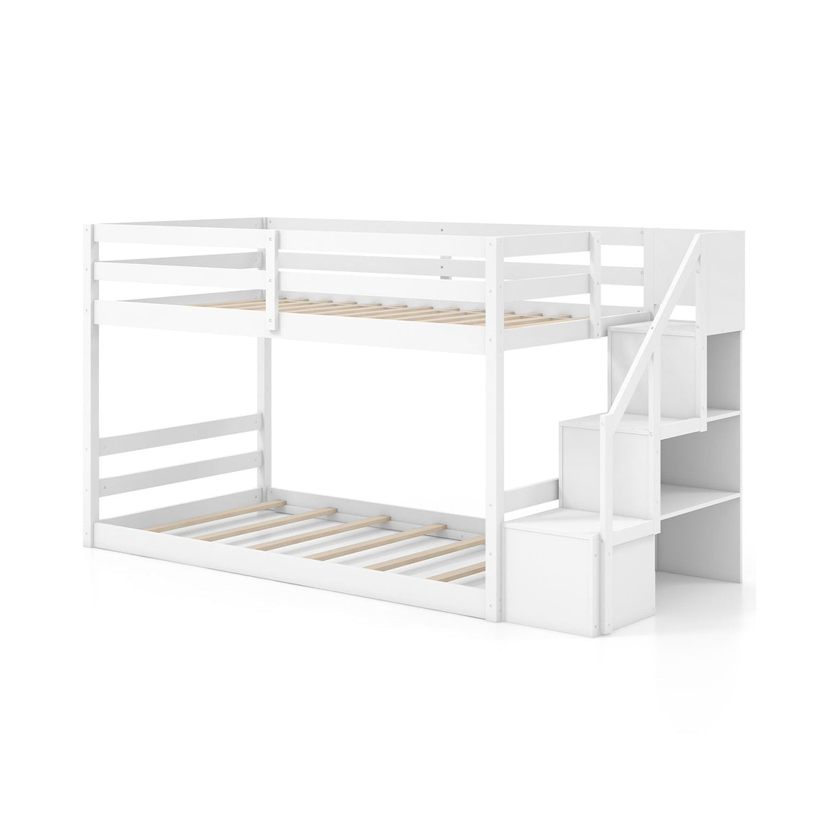 Twin Over Twin Low Bunk Bed with Storage Stairs Solid Wood Floor Bunk Bed Frame-Bunk Bed Frame-DECOROLALA