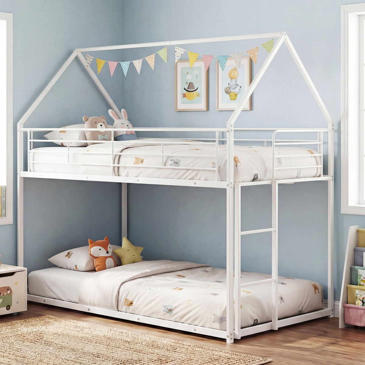 Twin Over Twin Metal Bunk Bed with Roof and Ladder-Bunk Bed Frame-DECOROLALA