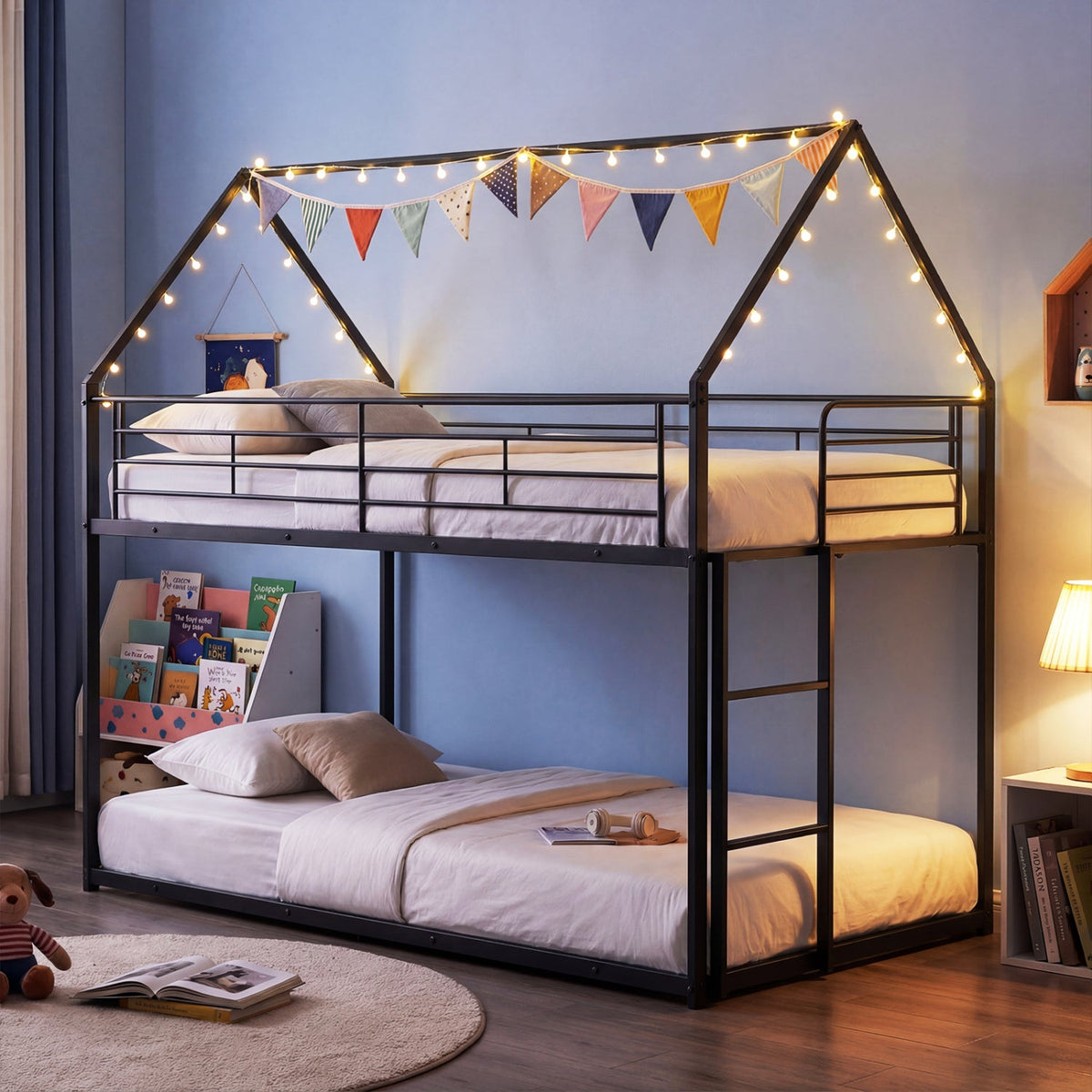 Twin Over Twin Metal Bunk Bed with Roof and Ladder-Bunk Bed Frame-DECOROLALA