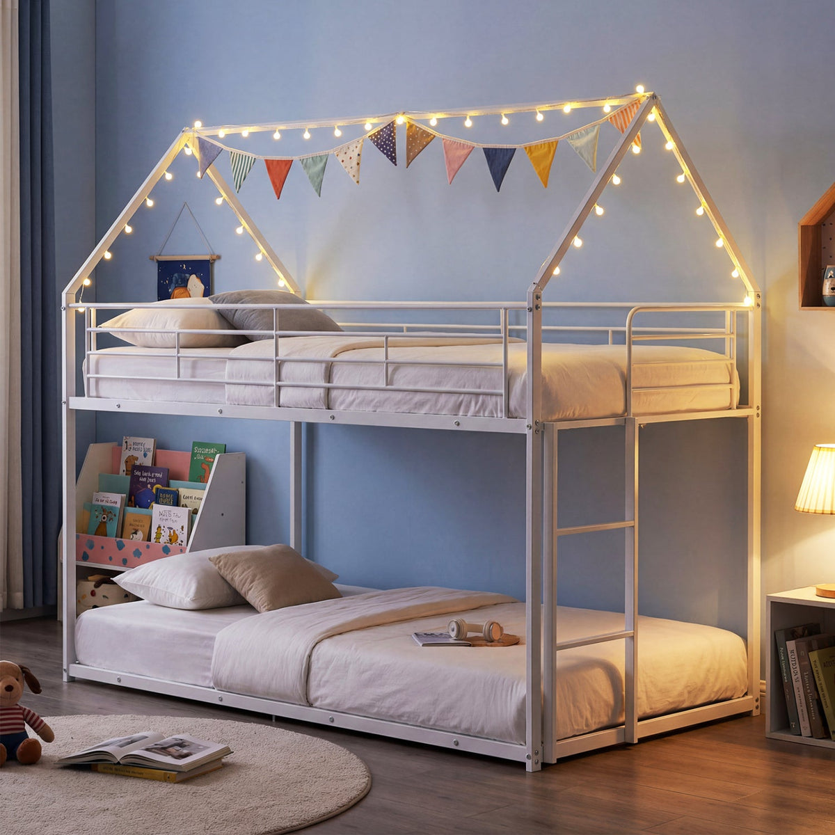 Twin Over Twin Metal Bunk Bed with Roof and Ladder-Bunk Bed Frame-DECOROLALA