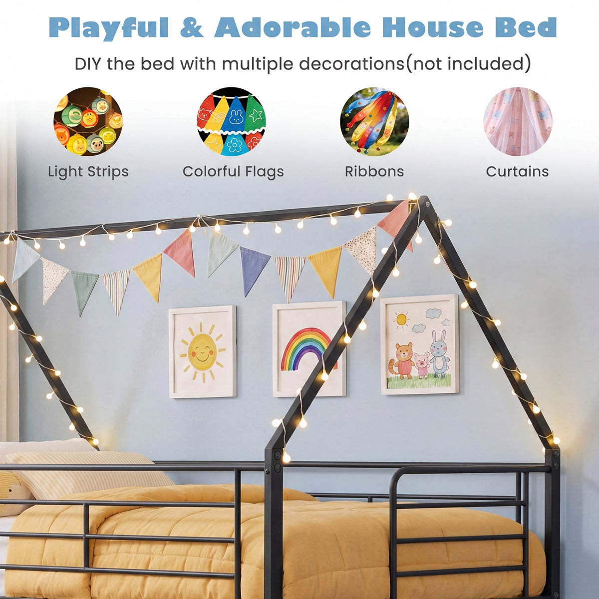 Twin Over Twin Metal Bunk Bed with Roof and Ladder-Bunk Bed Frame-DECOROLALA