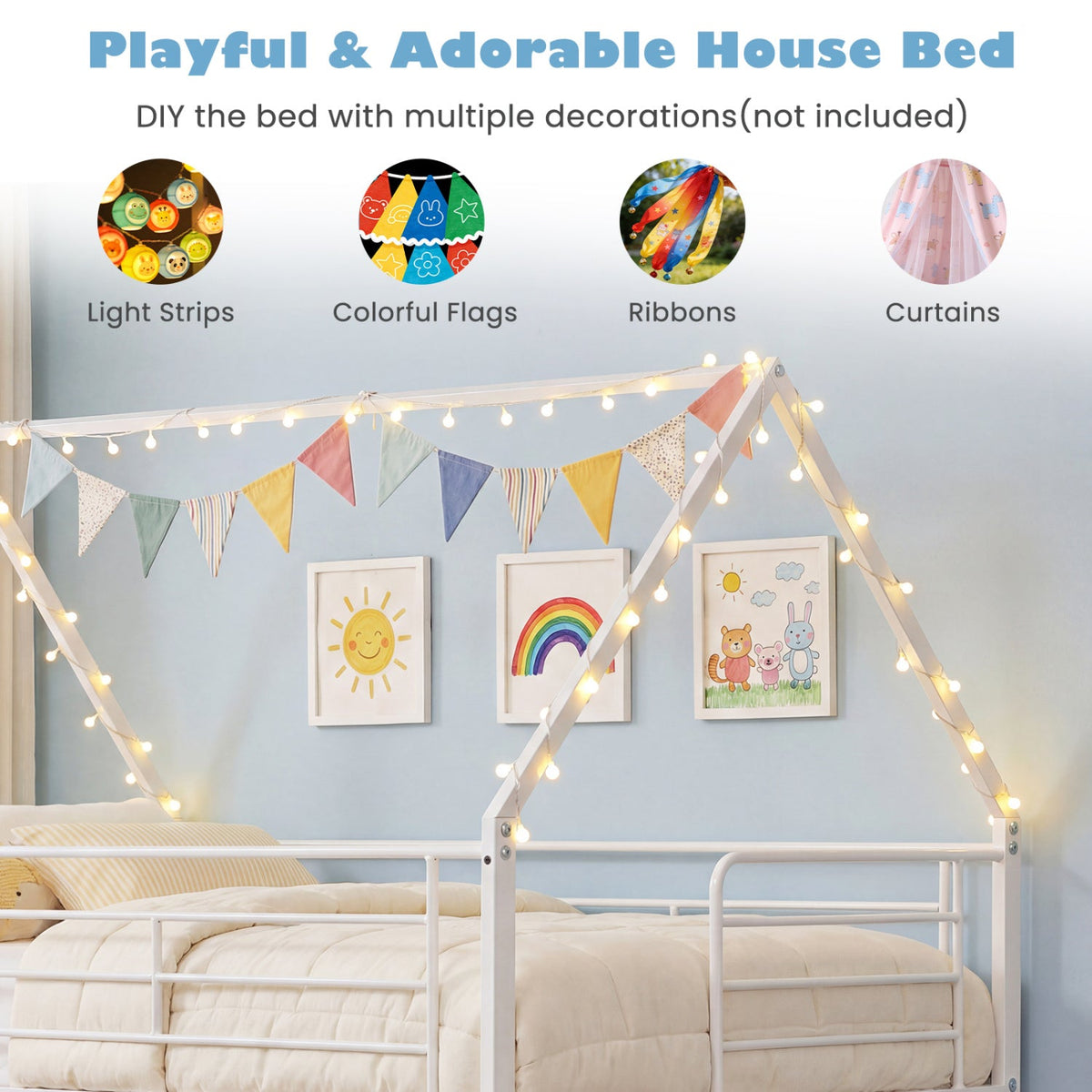 Twin Over Twin Metal Bunk Bed with Roof and Ladder-Bunk Bed Frame-DECOROLALA