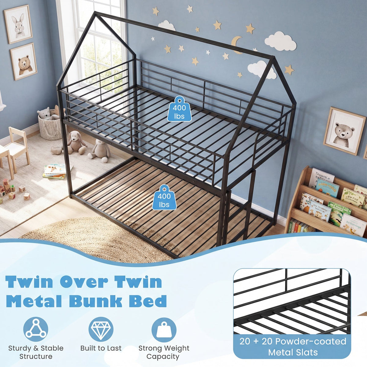 Twin Over Twin Metal Bunk Bed with Roof and Ladder-Bunk Bed Frame-DECOROLALA
