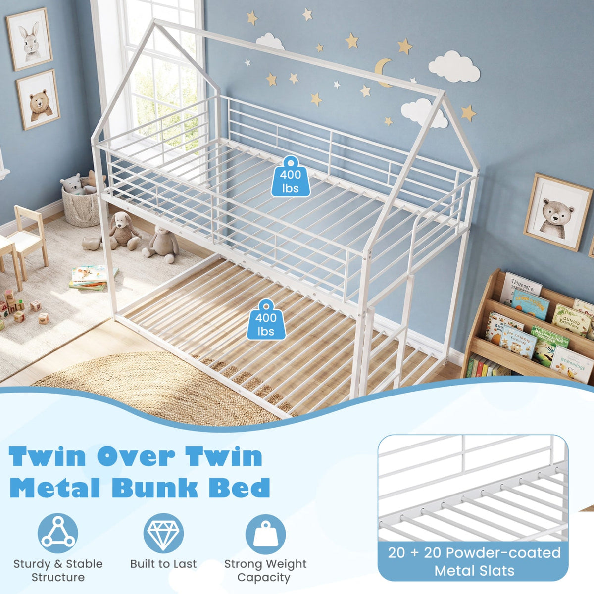 Twin Over Twin Metal Bunk Bed with Roof and Ladder-Bunk Bed Frame-DECOROLALA
