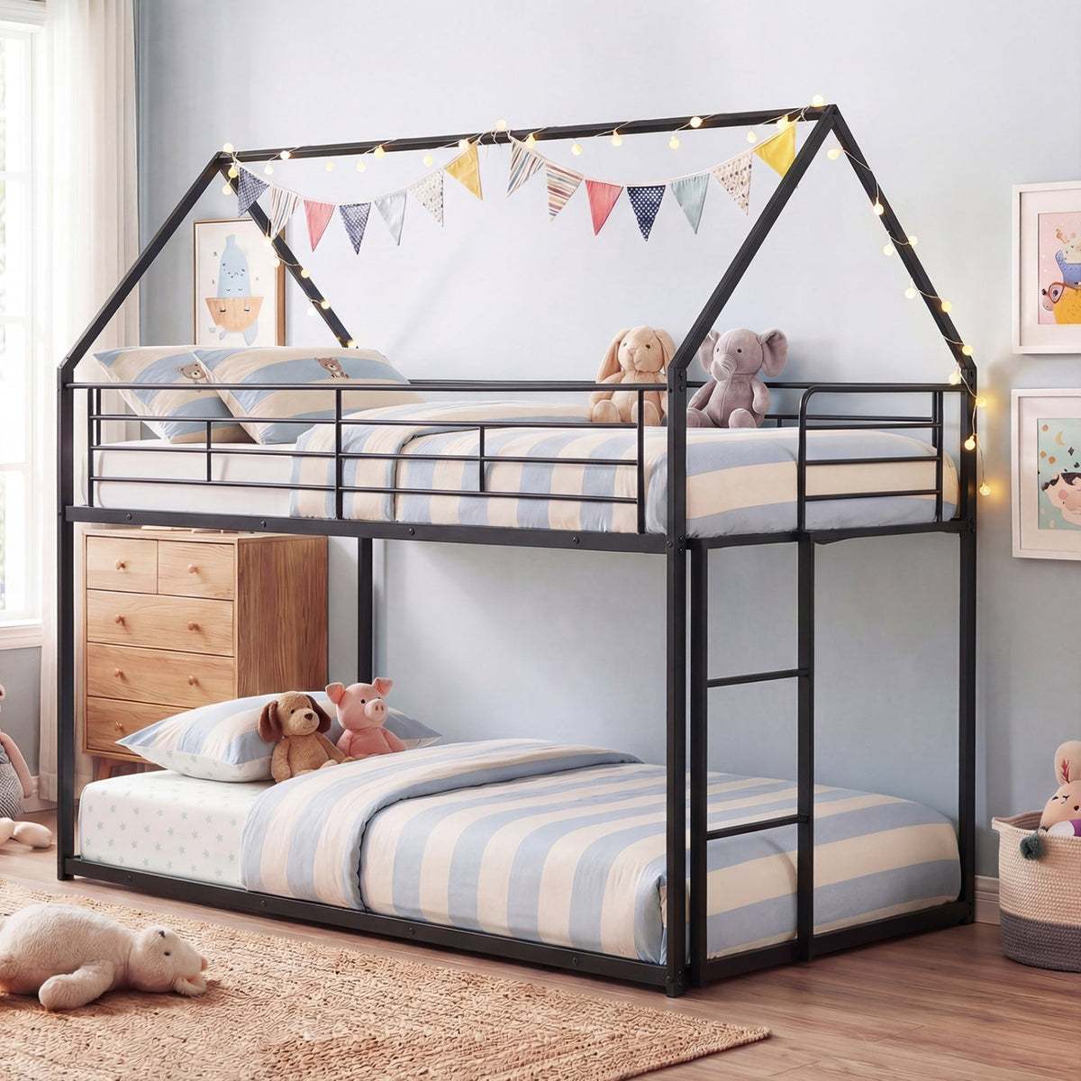 Twin Over Twin Metal Bunk Bed with Roof and Ladder-Bunk Bed Frame-DECOROLALA
