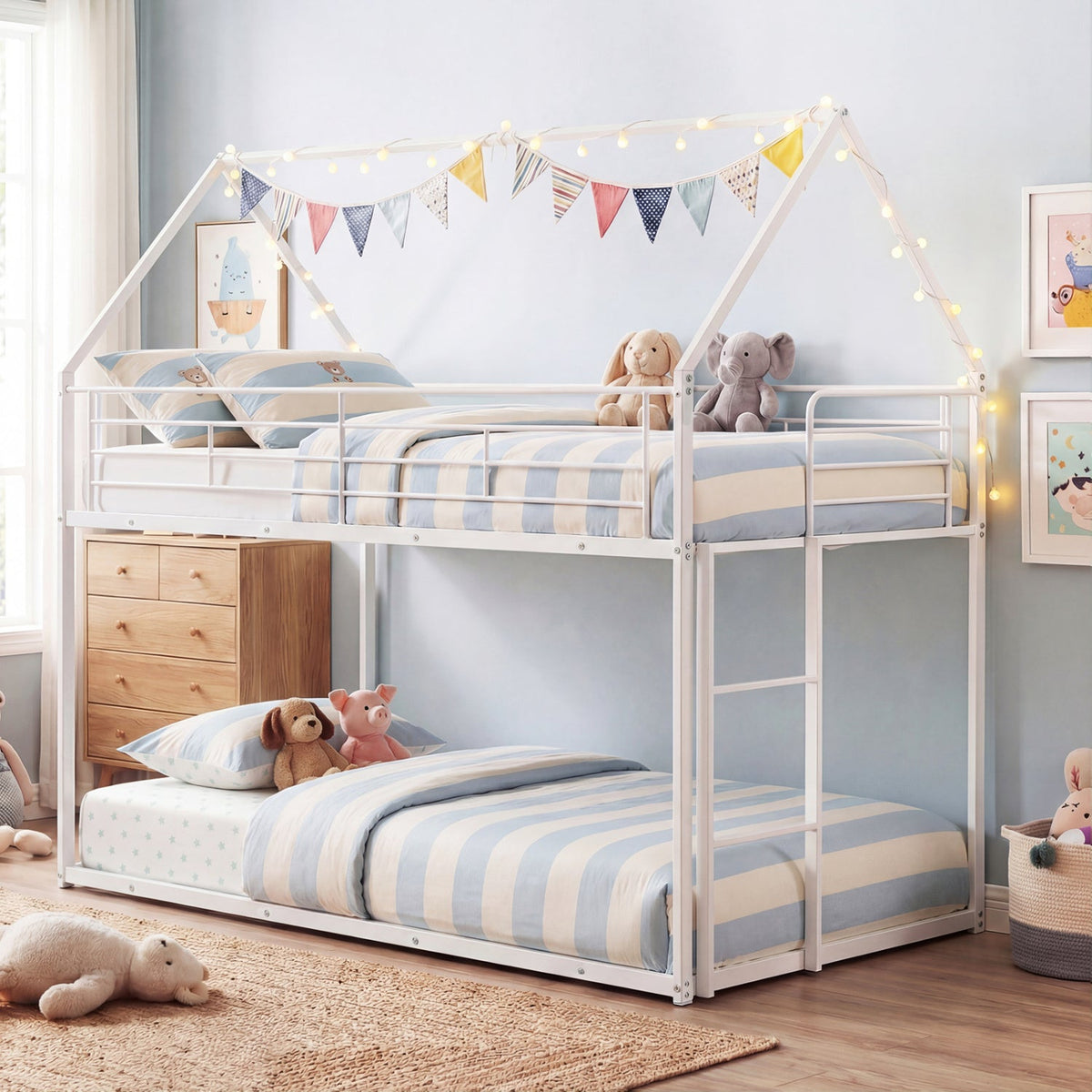 Twin Over Twin Metal Bunk Bed with Roof and Ladder-Bunk Bed Frame-DECOROLALA