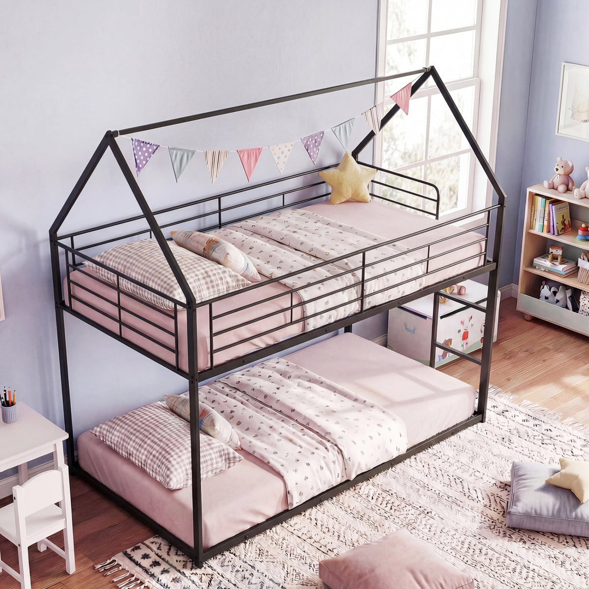 Twin Over Twin Metal Bunk Bed with Roof and Ladder-Bunk Bed Frame-DECOROLALA
