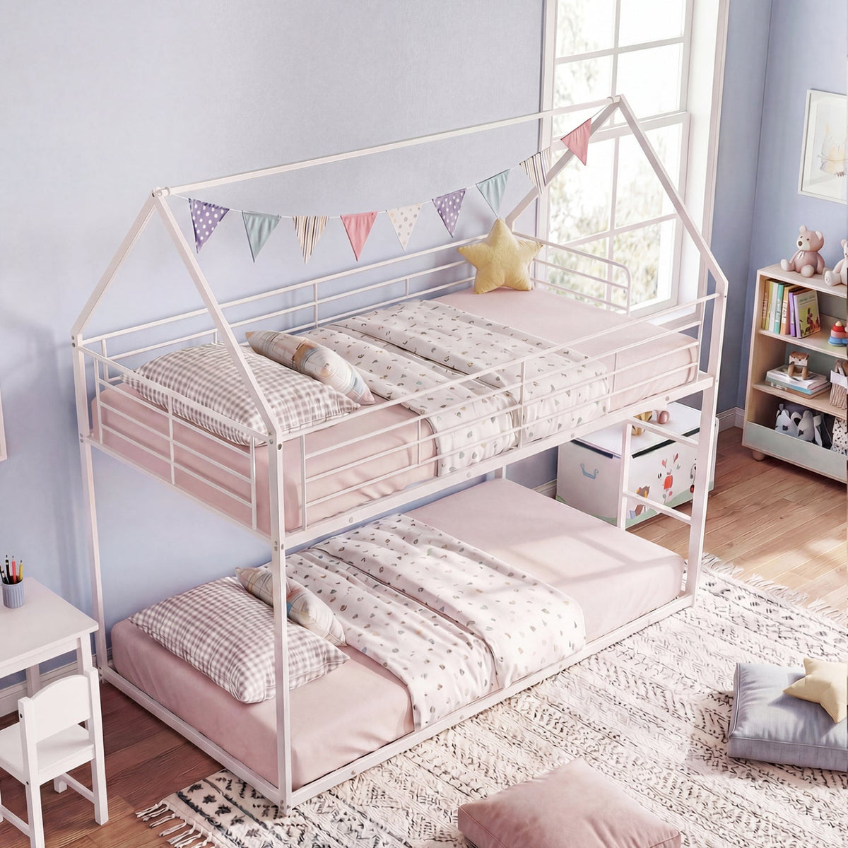 Twin Over Twin Metal Bunk Bed with Roof and Ladder-Bunk Bed Frame-DECOROLALA