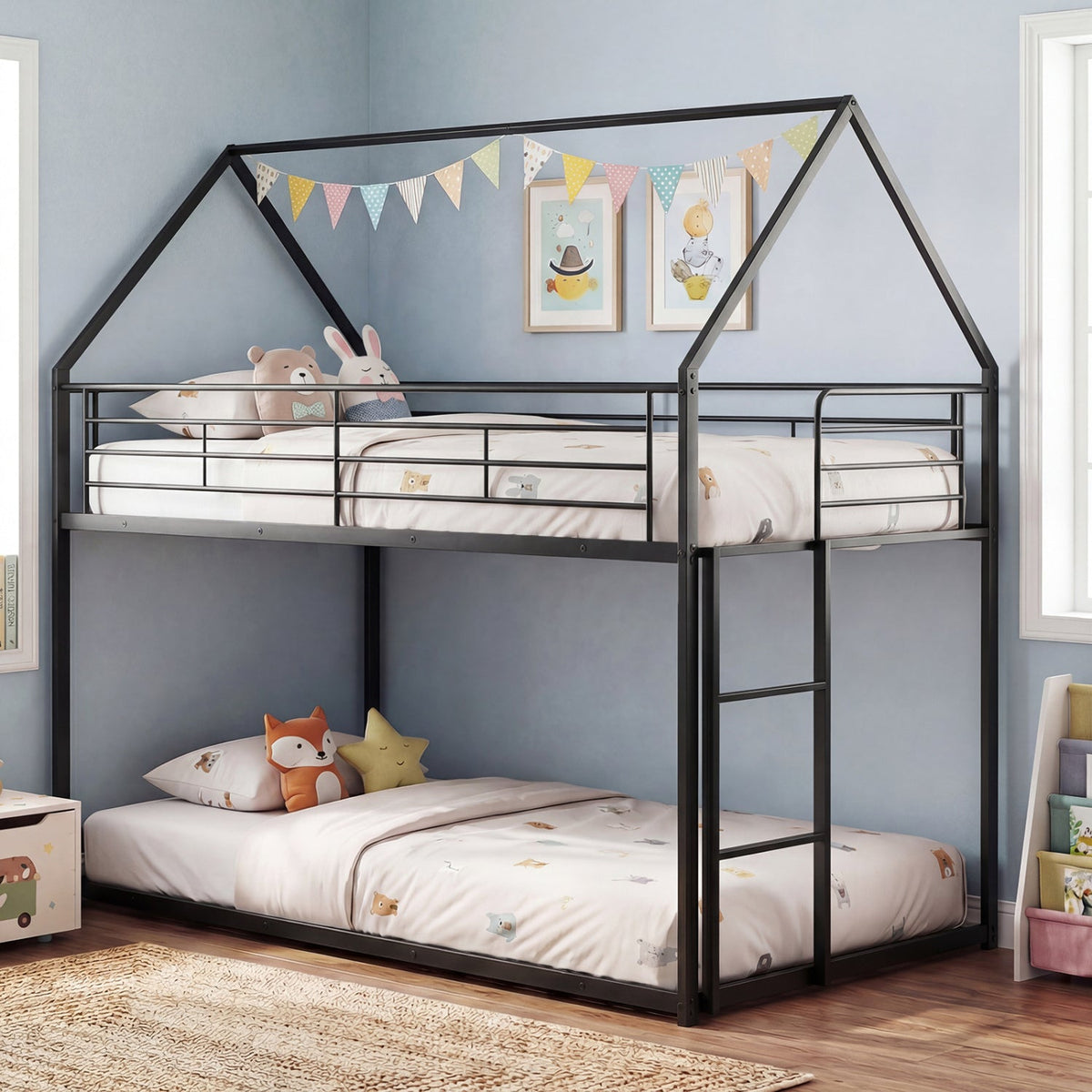 Twin Over Twin Metal Bunk Bed with Roof and Ladder-Bunk Bed Frame-DECOROLALA