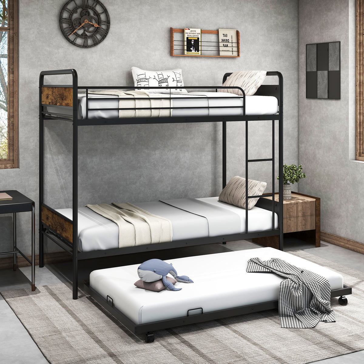 Twin Over Twin Metal Bunk Bed with Trundle - Black-Bunk Bed Frame-DECOROLALA