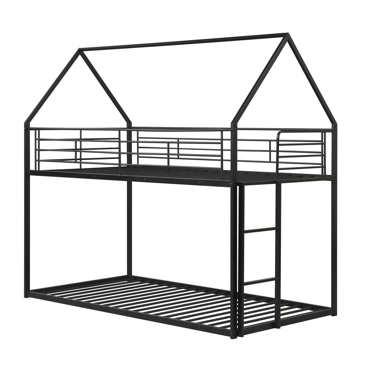 Twin Over Twin Metal House Bunk Bed with Roof and Ladder-Bunk Bed Frame-DECOROLALA