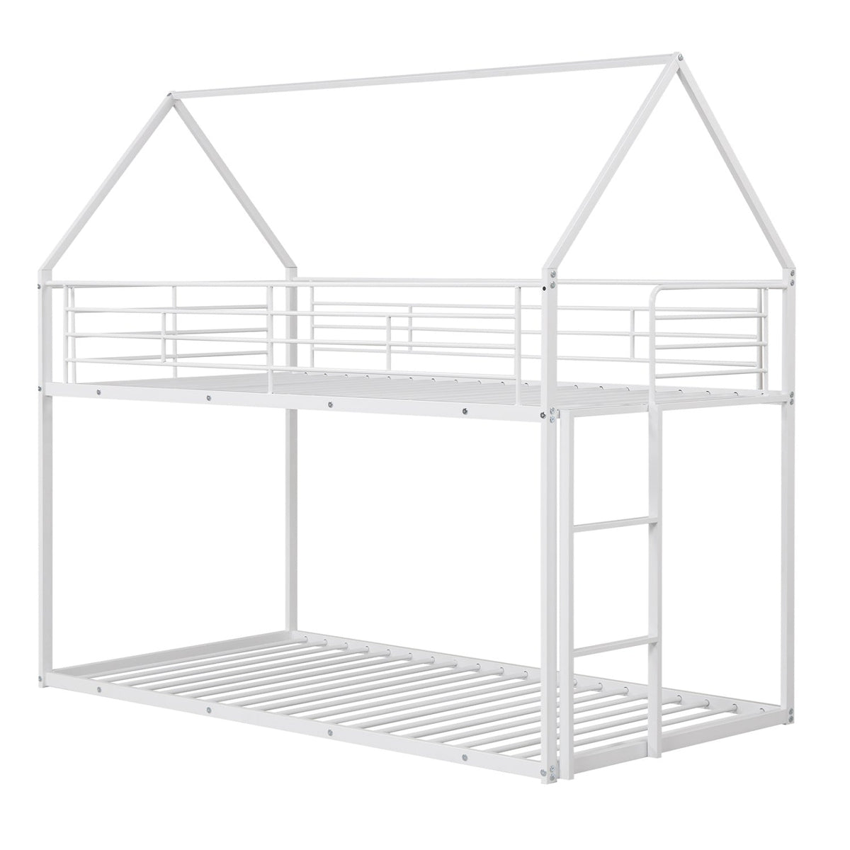 Twin Over Twin Metal House Bunk Bed with Roof and Ladder-Bunk Bed Frame-DECOROLALA