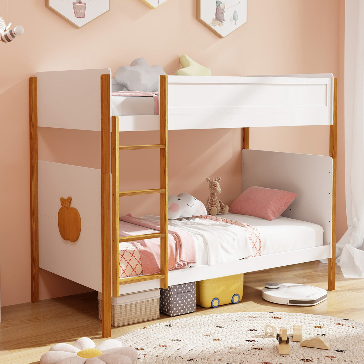 Twin Over Twin Solid Wood Bunk Bed - White and Honey-Bunk Bed Frame-DECOROLALA