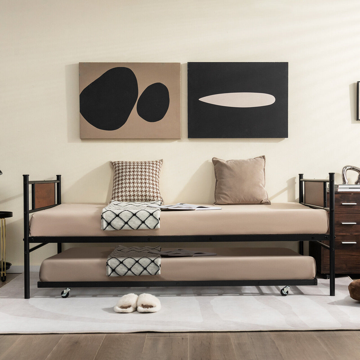 Twin Size 2-In-1 Daybed Frame with Pullout Trundle-Trundle Bed Frame-DECOROLALA