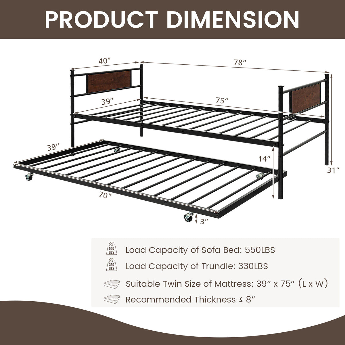 Twin Size 2-In-1 Daybed Frame with Pullout Trundle-Trundle Bed Frame-DECOROLALA