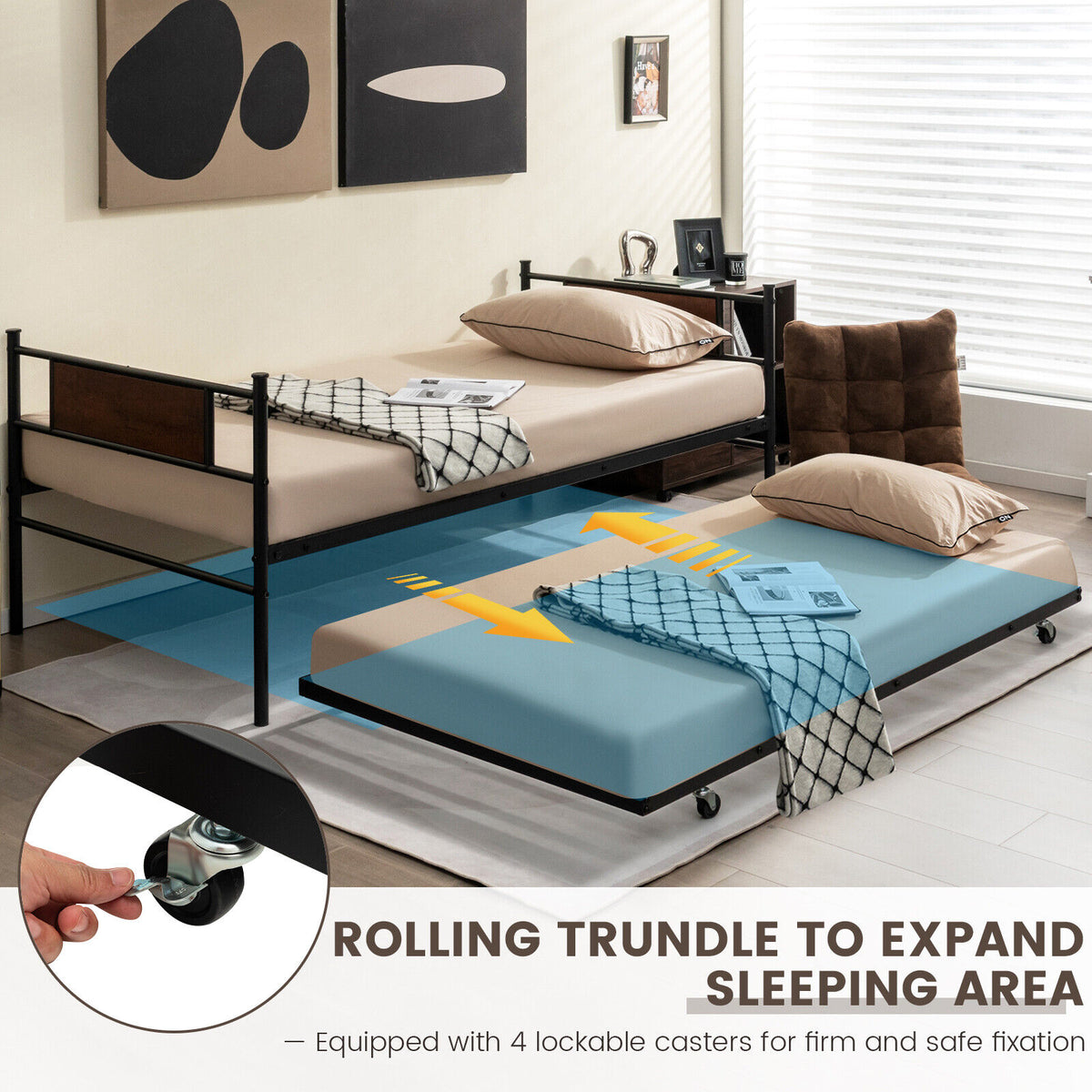 Twin Size 2-In-1 Daybed Frame with Pullout Trundle-Trundle Bed Frame-DECOROLALA