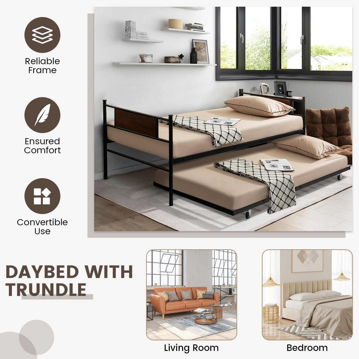 Twin Size 2-In-1 Daybed Frame with Pullout Trundle-Trundle Bed Frame-DECOROLALA