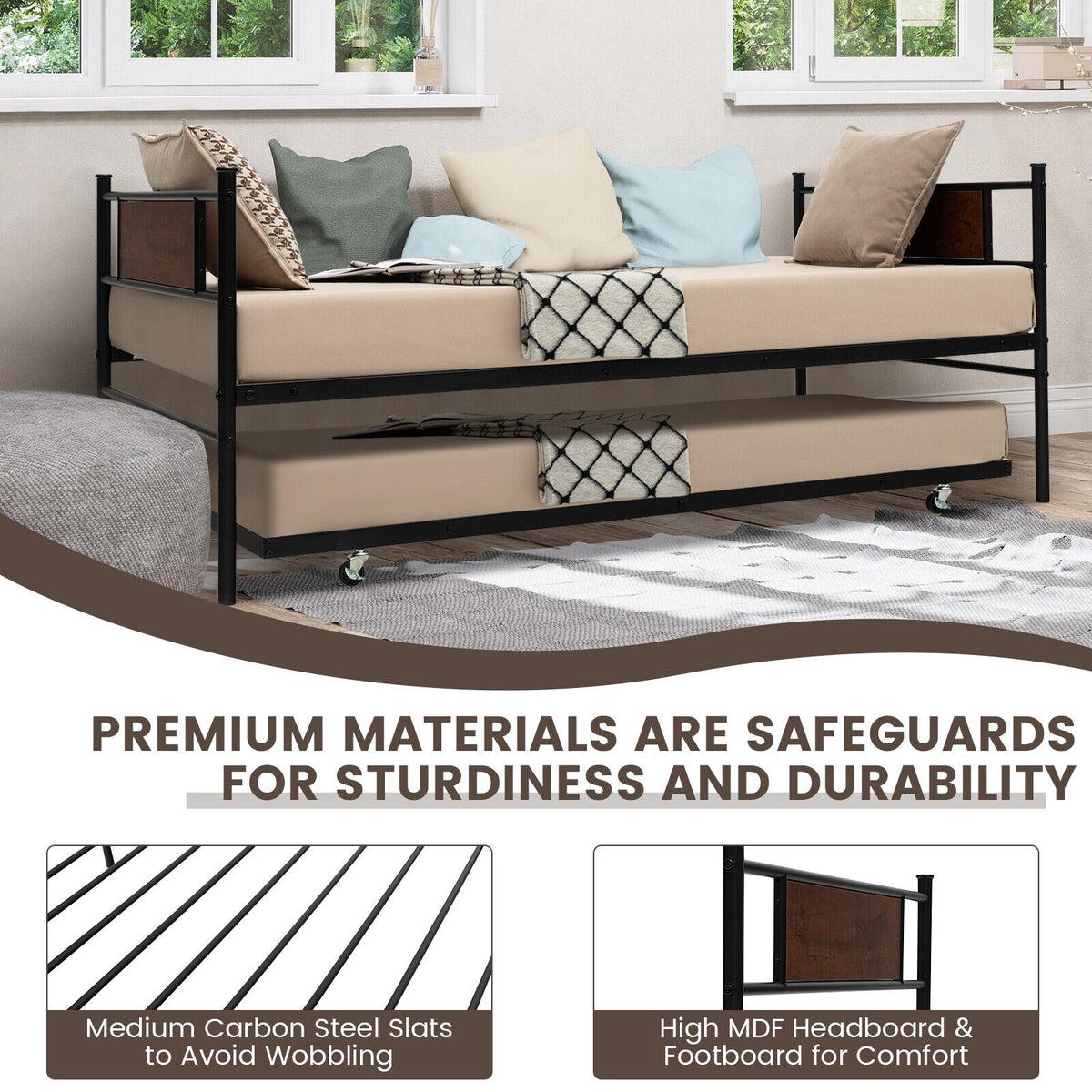 Twin Size 2-In-1 Daybed Frame with Pullout Trundle-Trundle Bed Frame-DECOROLALA