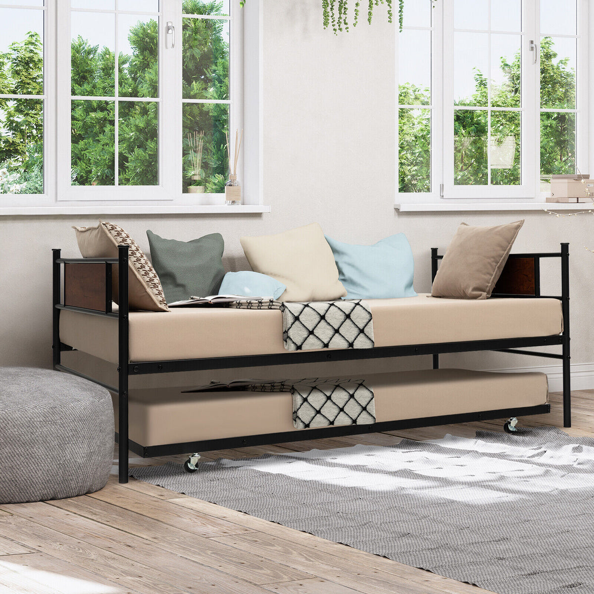 Twin Size 2-In-1 Daybed Frame with Pullout Trundle-Trundle Bed Frame-DECOROLALA