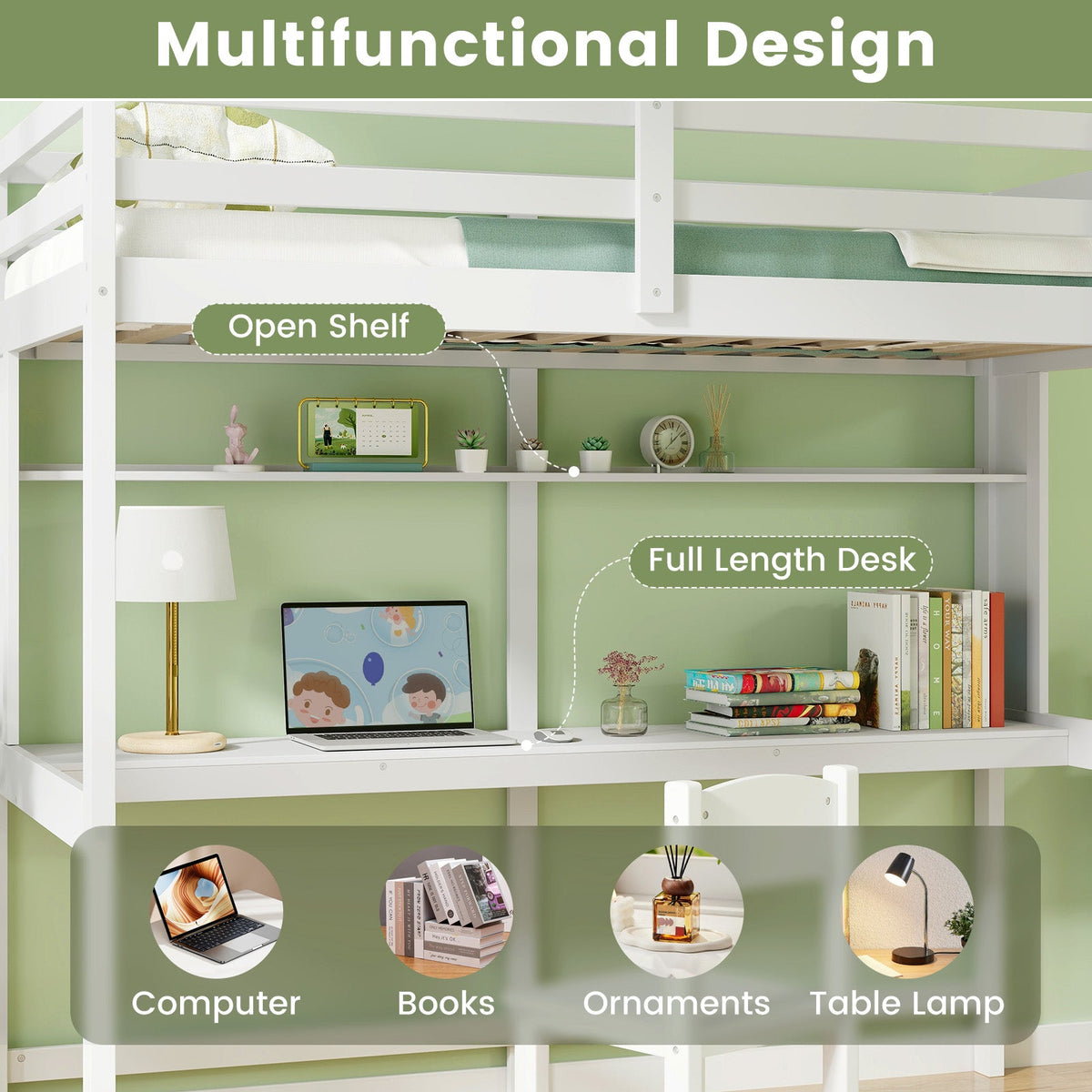 Twin Size 3-in-1 Solid Wood Loft Bed with Desk and Storage Shelf-Bunk Bed Frame-DECOROLALA