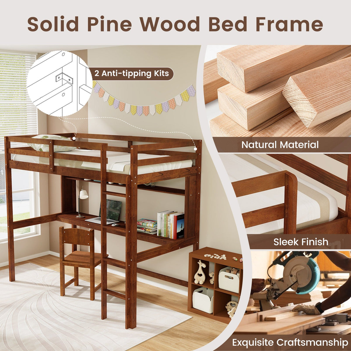 Twin Size 3-in-1 Solid Wood Loft Bed with Desk and Storage Shelf-Bunk Bed Frame-DECOROLALA