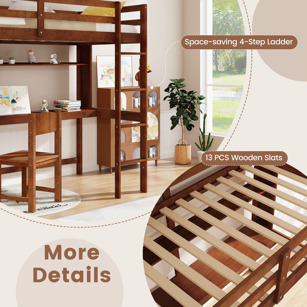 Twin Size 3-in-1 Solid Wood Loft Bed with Desk and Storage Shelf-Bunk Bed Frame-DECOROLALA