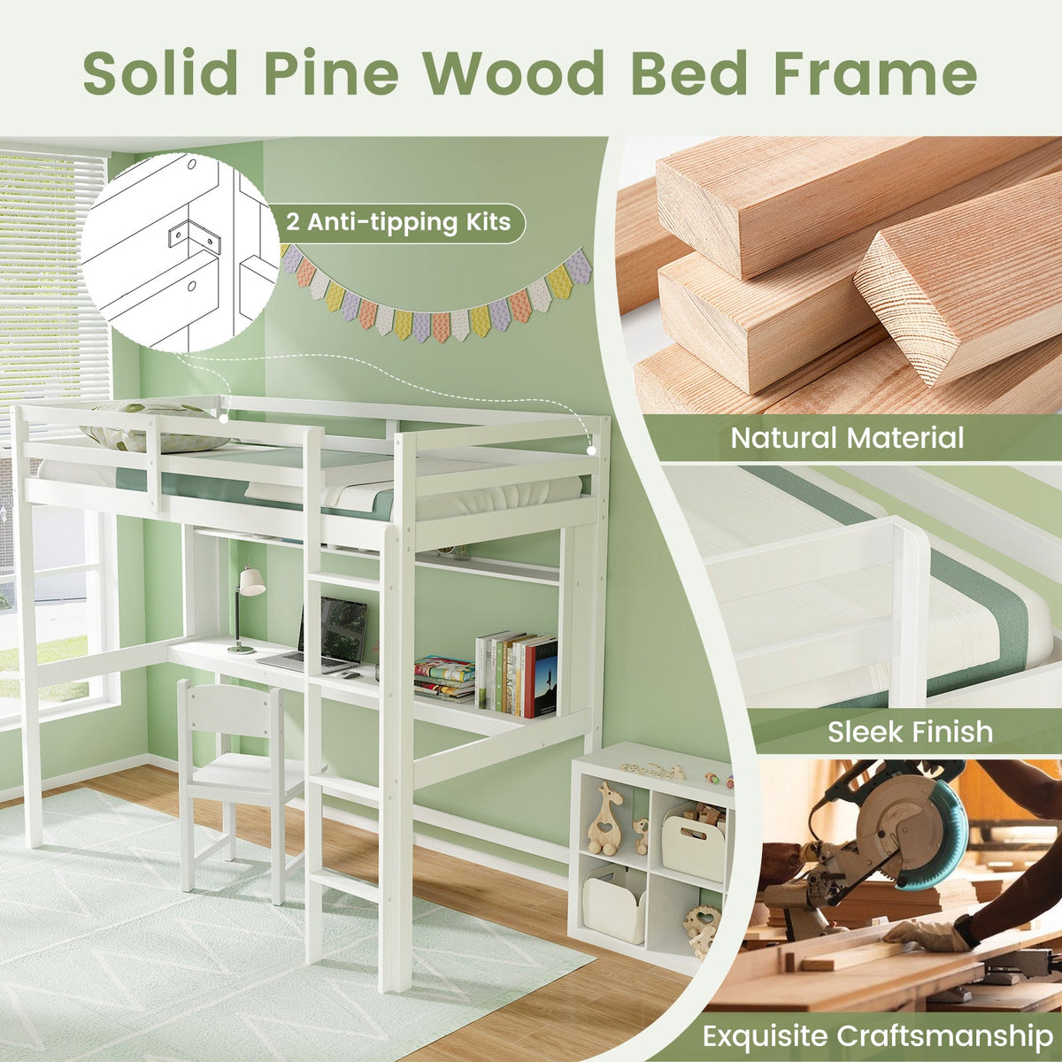 Twin Size 3-in-1 Solid Wood Loft Bed with Desk and Storage Shelf-Bunk Bed Frame-DECOROLALA