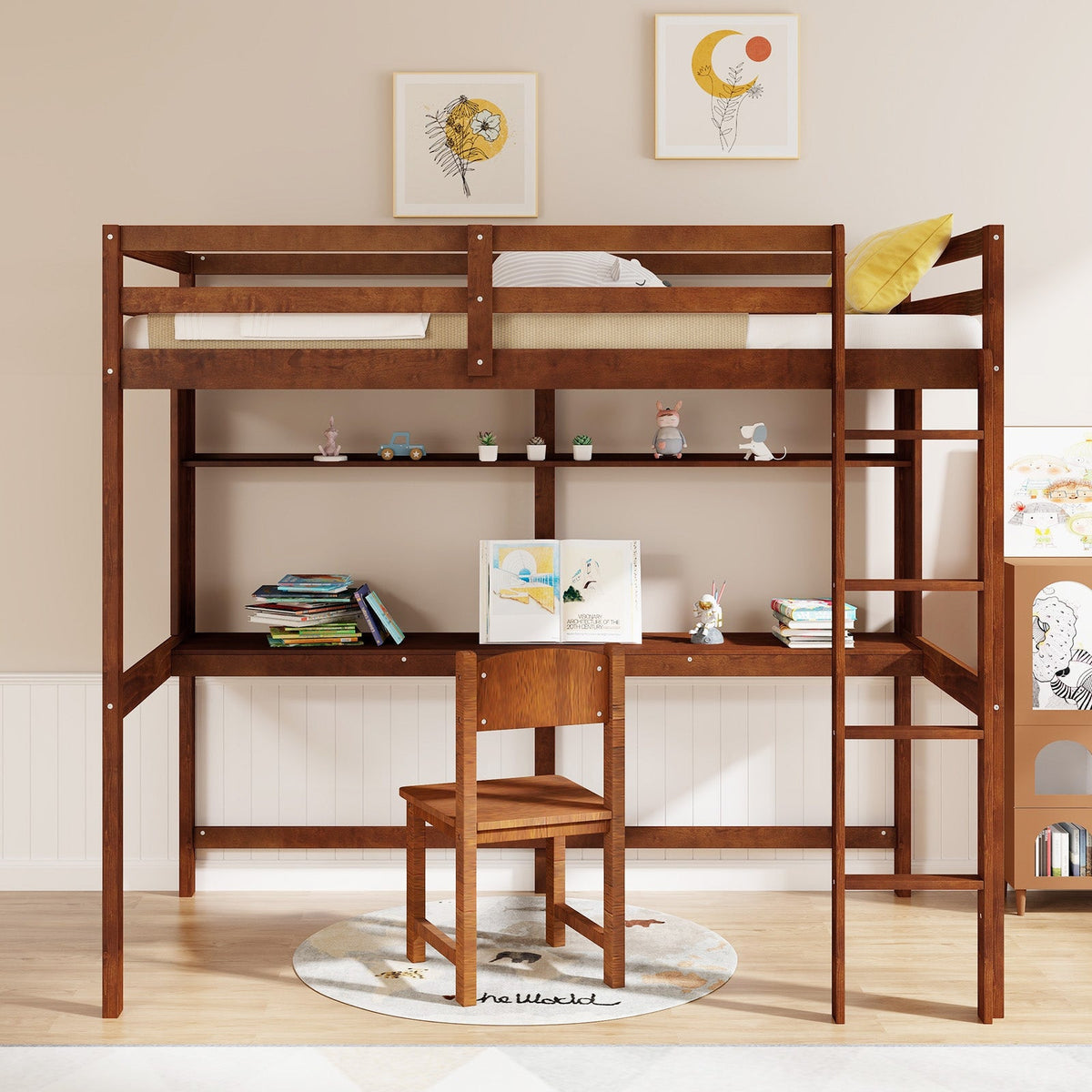 Twin Size 3-in-1 Solid Wood Loft Bed with Desk and Storage Shelf-Bunk Bed Frame-DECOROLALA