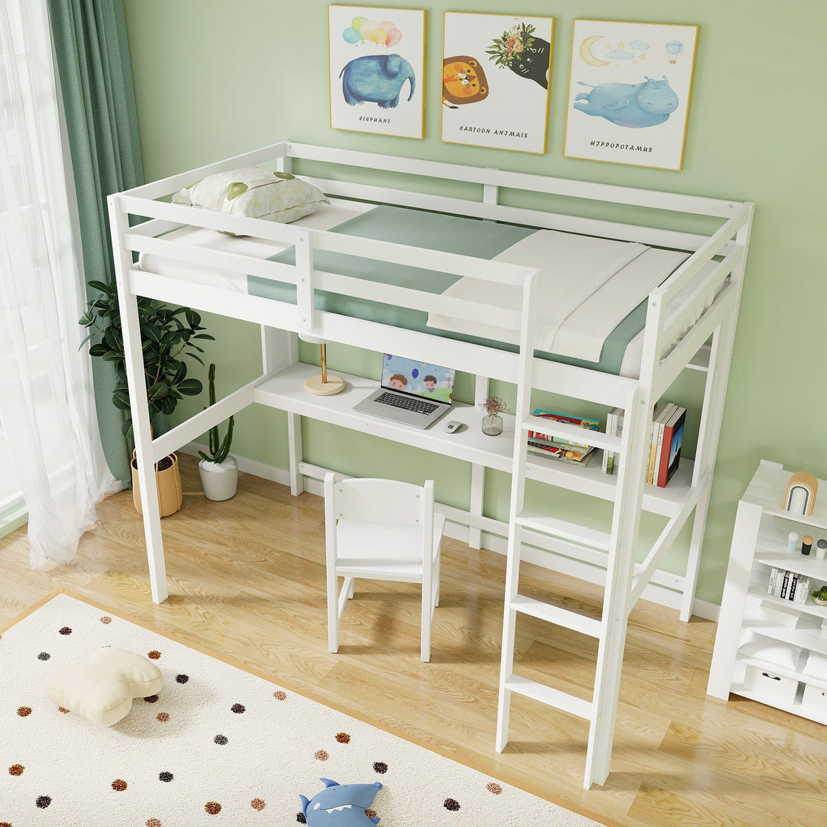 Twin Size 3-in-1 Solid Wood Loft Bed with Desk and Storage Shelf-Bunk Bed Frame-DECOROLALA
