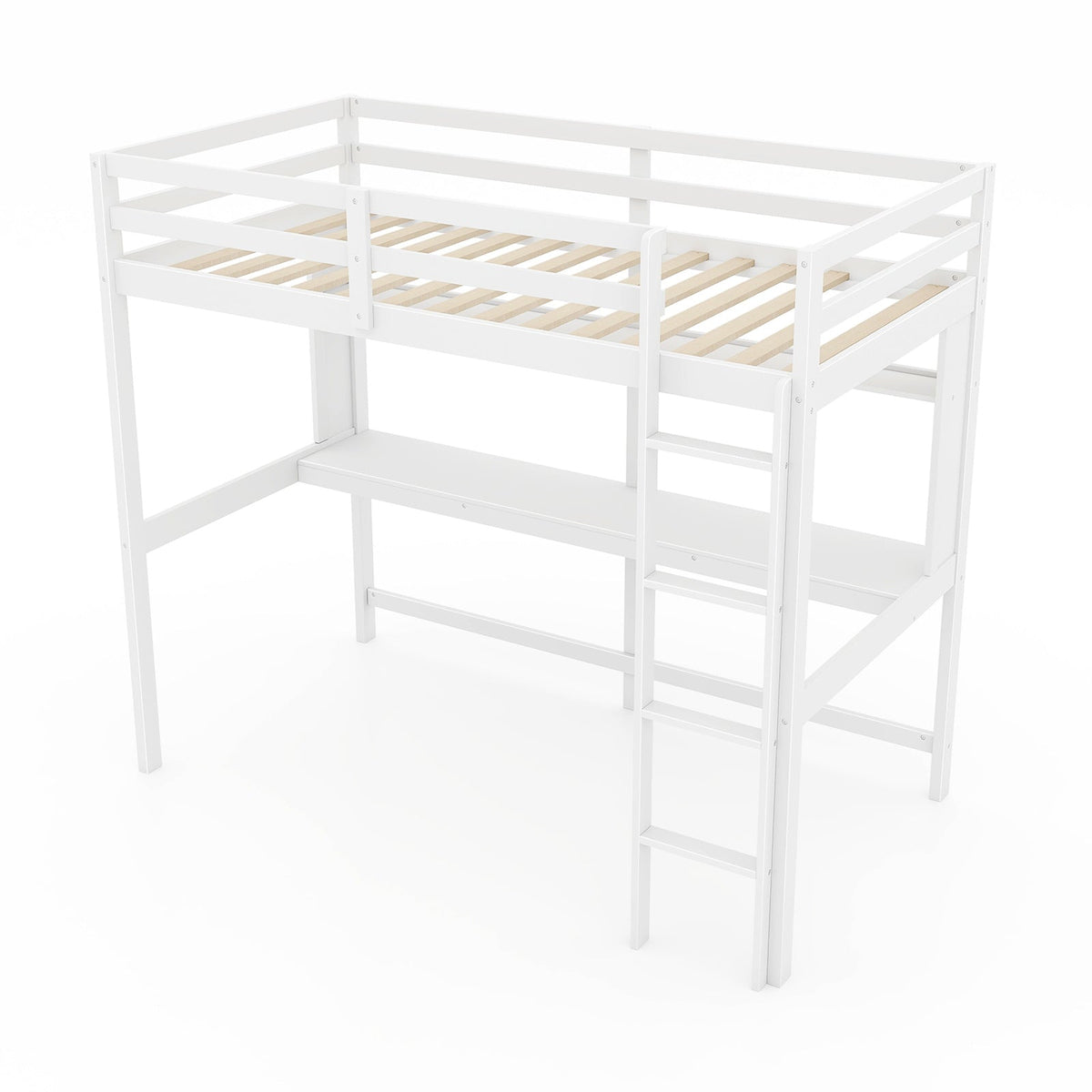 Twin Size 3-in-1 Solid Wood Loft Bed with Desk and Storage Shelf-Bunk Bed Frame-DECOROLALA