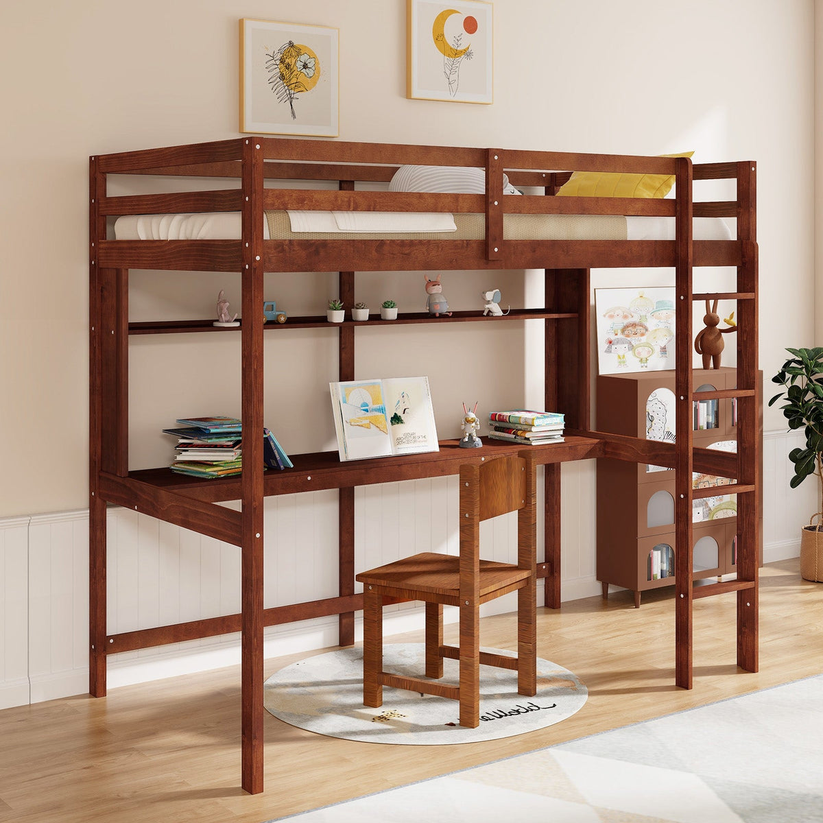 Twin Size 3-in-1 Solid Wood Loft Bed with Desk and Storage Shelf-Bunk Bed Frame-DECOROLALA