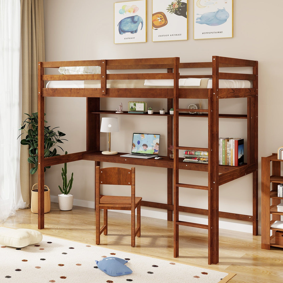 Twin Size 3-in-1 Solid Wood Loft Bed with Desk and Storage Shelf-Bunk Bed Frame-DECOROLALA